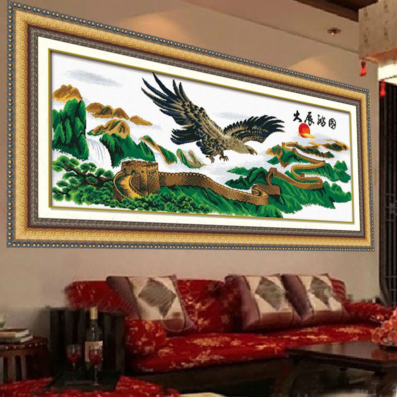 
                                        爱度ks 印花十字绣大展宏图迎客松万里长城老鹰雄鹰大幅客厅大幅画 马到成功150*50cm 客厅大画中格3股线绣                