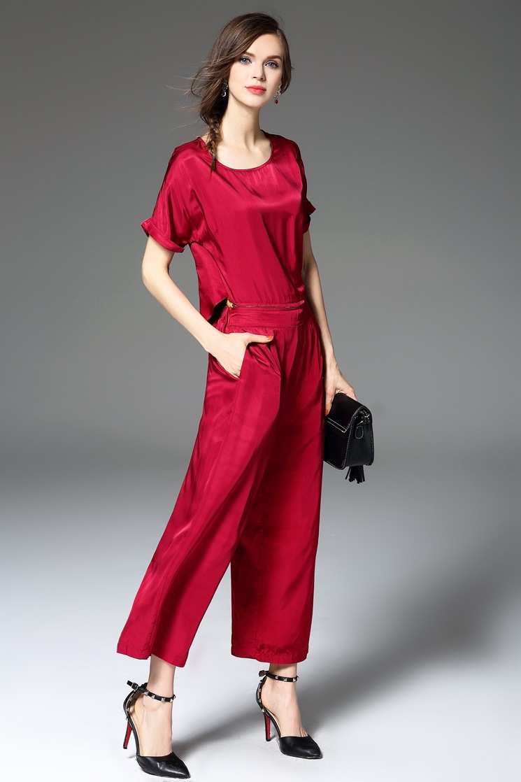 婷婷时尚店2016新品夏季女式休闲套装纯色真丝裤套装拉链阔腿两件套wn