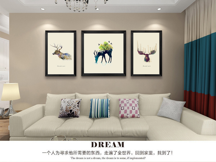 麋鹿一家北欧现代简约餐厅有框画客厅装饰画抽