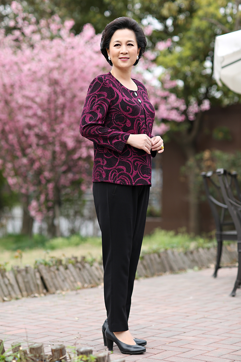 若男佳人中老年女装奶奶装夏装长袖t恤假两件套妈妈装