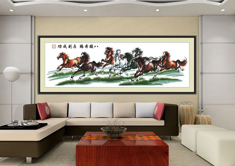 
                                        爱度ks 印花十字绣大展宏图迎客松万里长城老鹰雄鹰大幅客厅大幅画 马到成功150*50cm 客厅大画中格3股线绣                