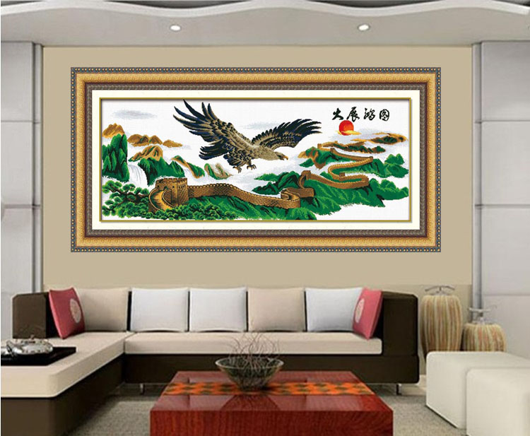 
                                        爱度ks 印花十字绣大展宏图迎客松万里长城老鹰雄鹰大幅客厅大幅画 马到成功150*50cm 客厅大画中格3股线绣                