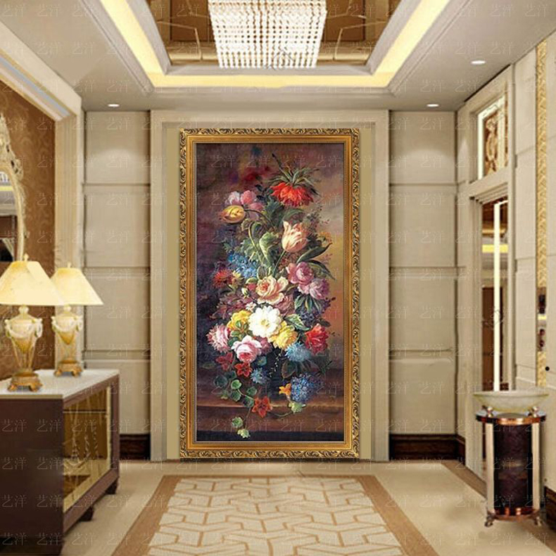 美式欧式纯手绘油画客厅玄关装饰画古典花卉竖版过道壁画挂画壁画