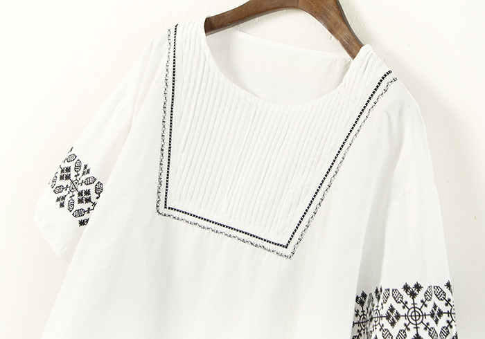 森女系日系夏季女装圆领风琴褶袖口印花大码短袖t恤衫