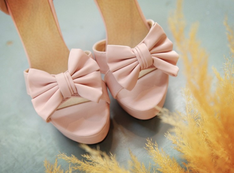 浩一足2016性感女鞋米白色粉红色蝴蝶结高跟大码凉鞋