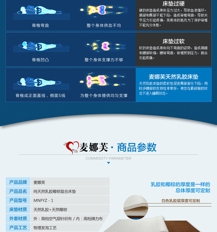 麦娜芙 6cm厚 泰国进口正品椰棕乳胶床垫 天然乳胶椰棕垫 软硬可调棕垫 180cm*200cm