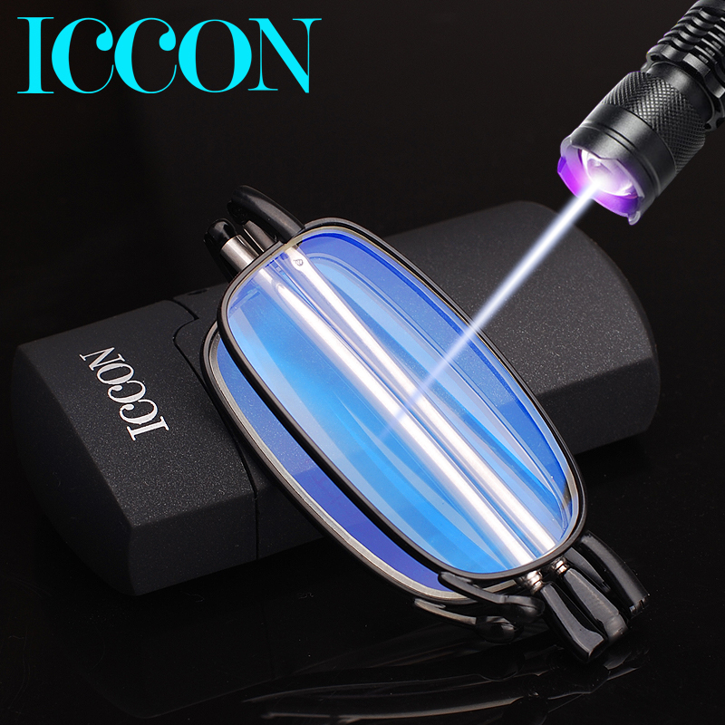 ICCON 折叠老花镜 防蓝光5层防护镜片男女通用便携超轻三节伸缩防锈 经典黑钢 100度