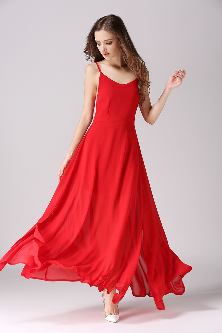 梦洁莉2016夏季新款韩版无袖吊带开叉大摆裙雪纺长裙女神沙滩连衣