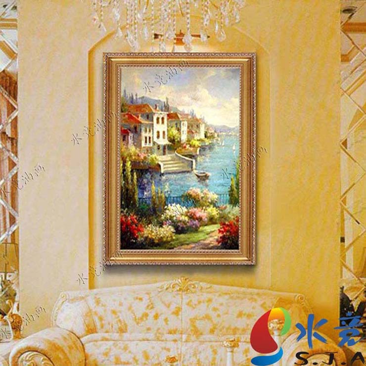 
                                        水竞欧式油画手绘风景地中海装饰画客厅有框画挂画壁画 三联一套 60*80                