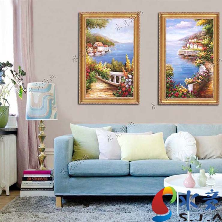
                                        水竞地中海油画手绘欧式壁画客厅风景装饰画现代三联画有框 三联一套 60*80                