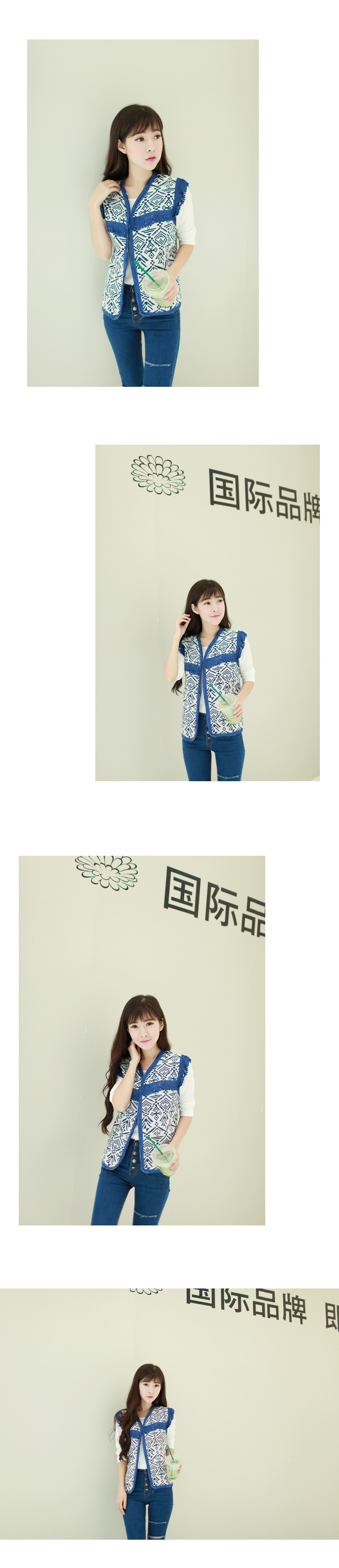 漫琳思羽2014秋装新款韩版民族风刺绣流苏马甲背心外套女 蓝色 均码
