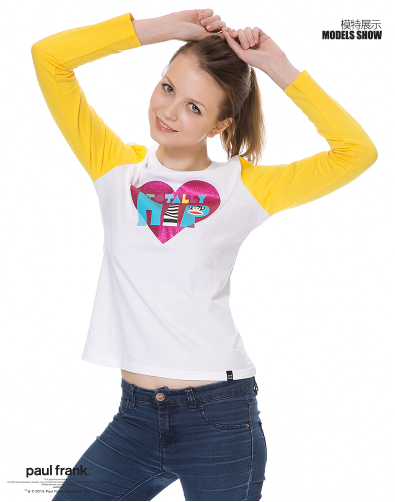 paulfrank大嘴猴2015春季女士打底卫衣T恤正品女长袖拼色套头卫衣 红色 M