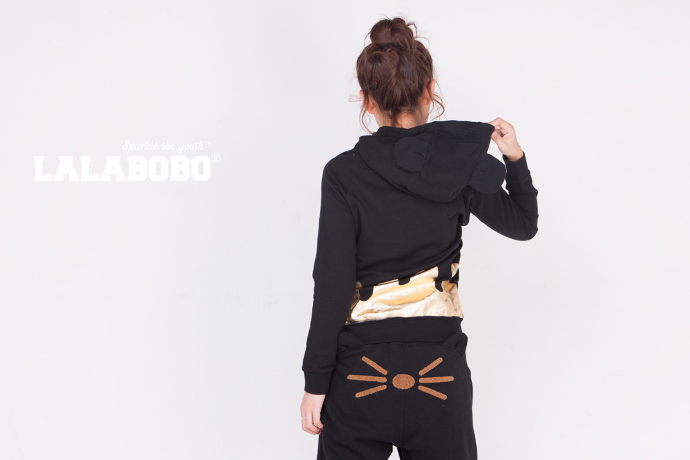 潮 LALABOBO  秋冬女装加绒连帽卫衣 可爱小猫滴油套装-上衣 白色 S