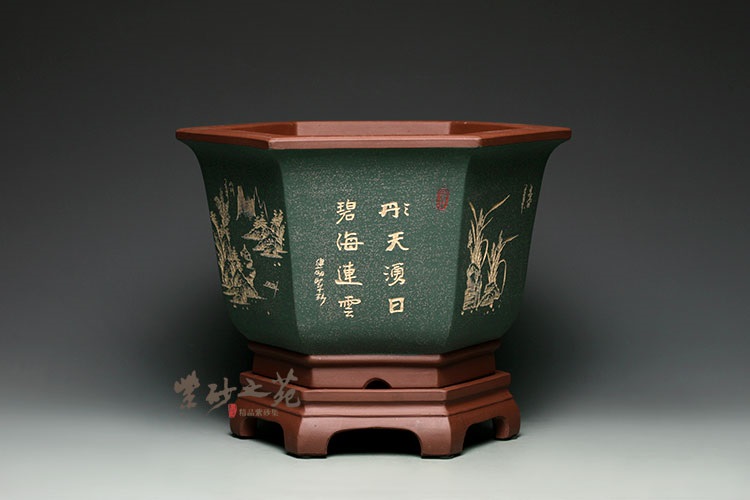 宜兴紫砂花盆 精品 六方 紫砂兰花花盆 大号 君子兰花盆 紫砂盆 绿色