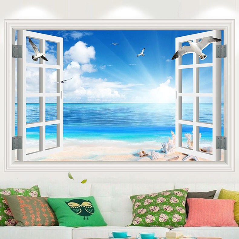 3d假窗户装饰贴纸墙壁自粘画整张墙贴仿真海边海景墙贴画客厅卧室温馨