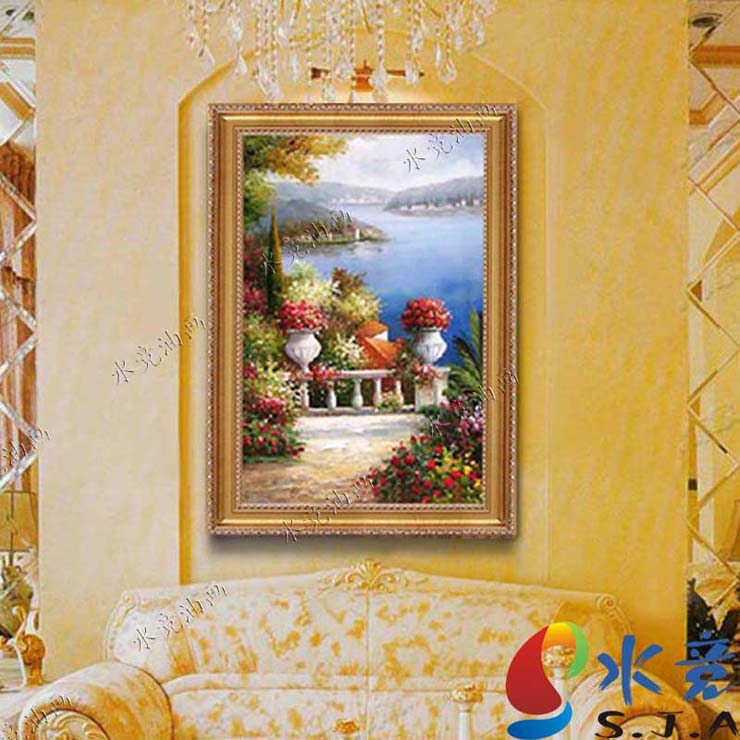 
                                        水竞地中海油画手绘欧式壁画客厅风景装饰画现代三联画有框 三联一套 60*80                