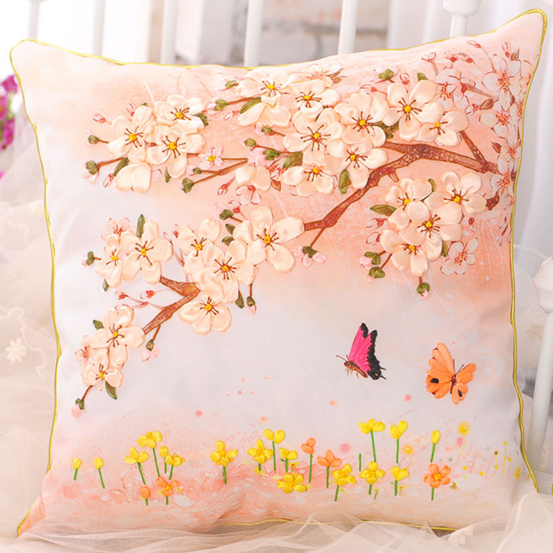 
                                        悠趣 手工绣丝带绣套件3D彩印 45x45CM 花卉方形抱枕花卉 C-142玫瑰蝴蝶梦                