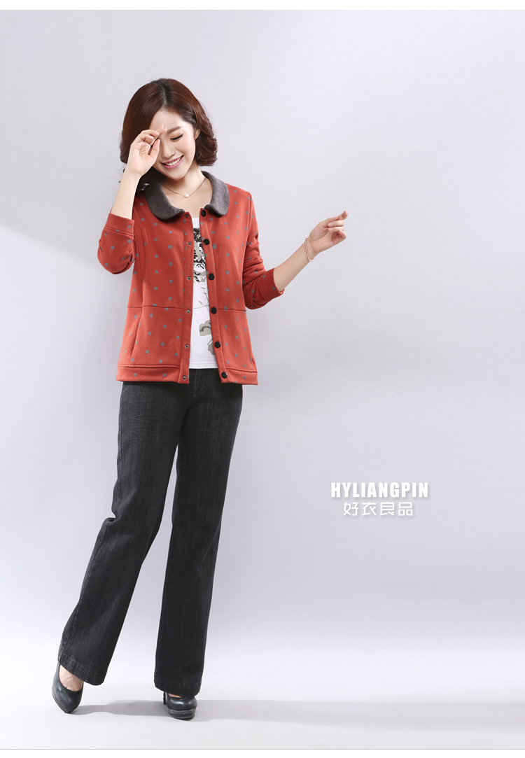 HYLIANGPIN新款女装中年大码妈妈装休闲短外套女秋波点印花显瘦纯棉开衫 藏青色 4xL