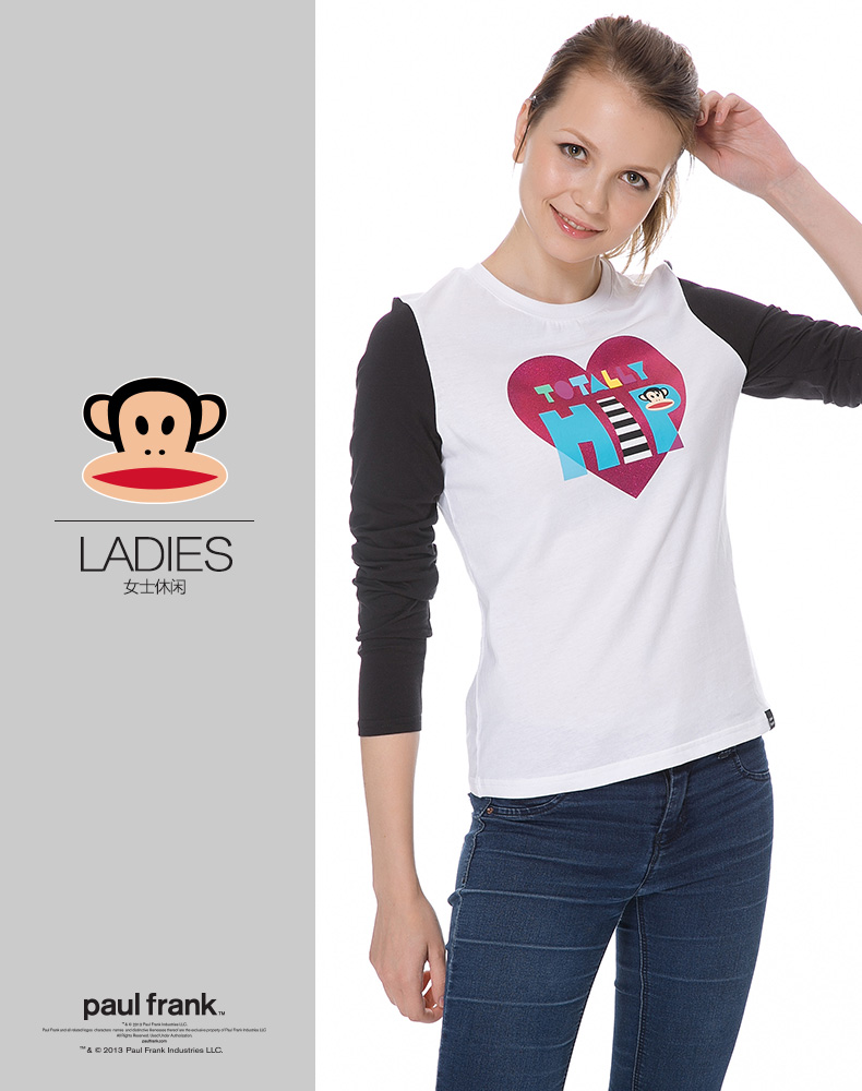 paulfrank大嘴猴2015春季女士打底卫衣T恤正品女长袖拼色套头卫衣 红色 M