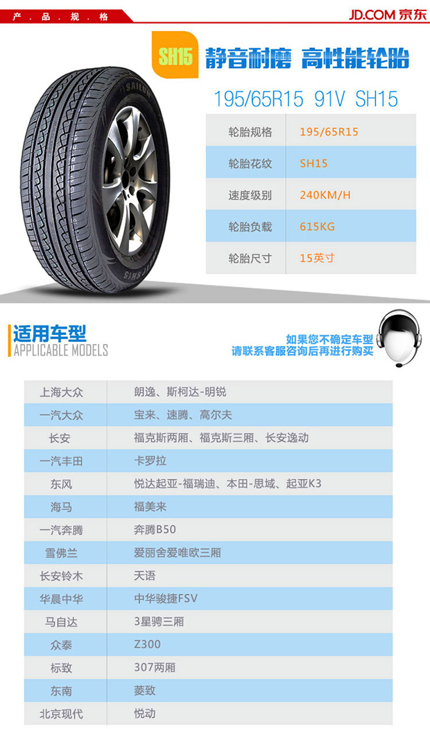 赛轮(sailun)轮胎/汽车轮胎 195/65r15 91v sh15 适配