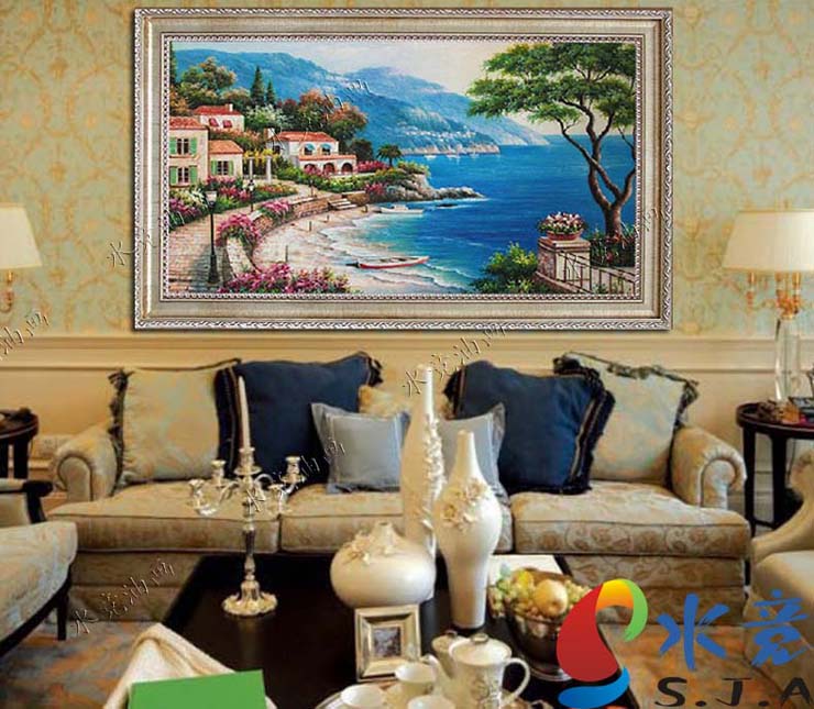 水竞地中海油画手绘欧式客厅风景山水画壁画沙发背景墙挂画 仿古金实木画框 75*150