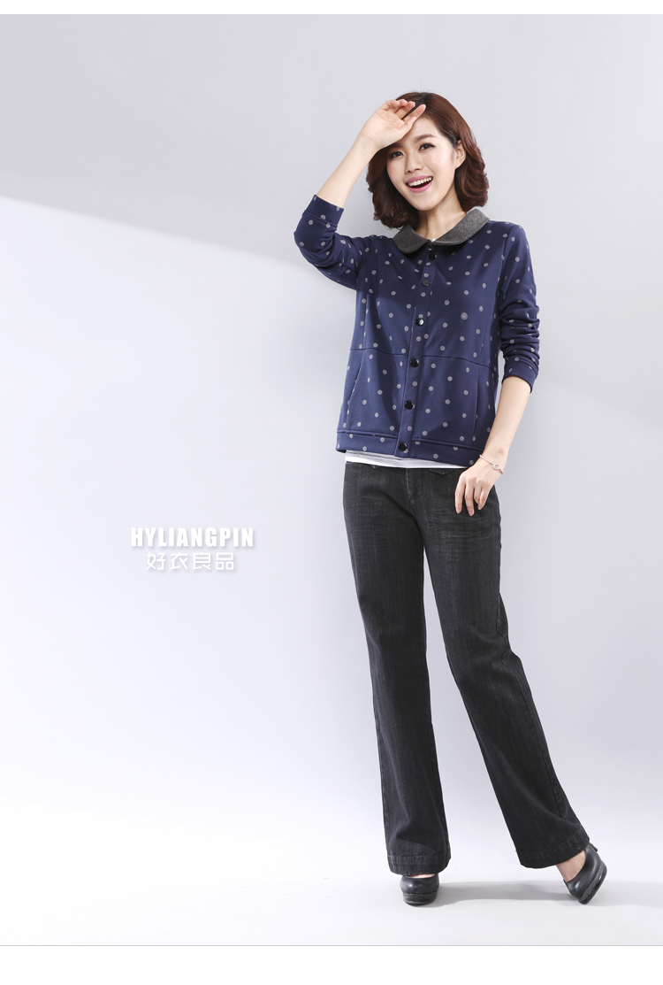 HYLIANGPIN新款女装中年大码妈妈装休闲短外套女秋波点印花显瘦纯棉开衫 藏青色 4xL