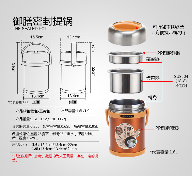 
                                                            茂盛年华 304不锈钢超长保温饭盒1人便携多层保温桶手提锅三层分格便当盒 1.9L松花蓝                