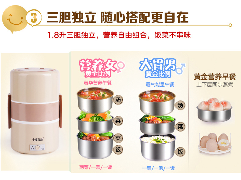 十度良品加热饭盒SD-909插电饭盒保温不锈钢内胆电热饭盒三层蒸煮