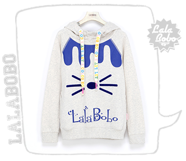 潮 LALABOBO  秋冬女装加绒连帽卫衣 可爱小猫滴油套装-上衣 白色 S