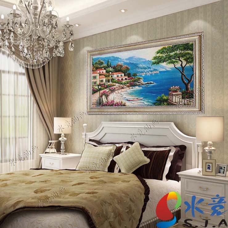 水竞地中海油画手绘欧式客厅风景山水画壁画沙发背景墙挂画 仿古金实木画框 75*150