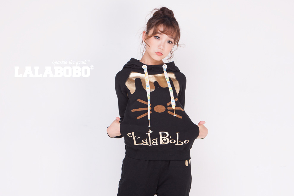 潮 LALABOBO  秋冬女装加绒连帽卫衣 可爱小猫滴油套装-上衣 白色 S