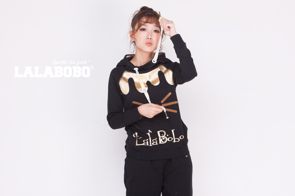 潮 LALABOBO  秋冬女装加绒连帽卫衣 可爱小猫滴油套装-上衣 白色 S