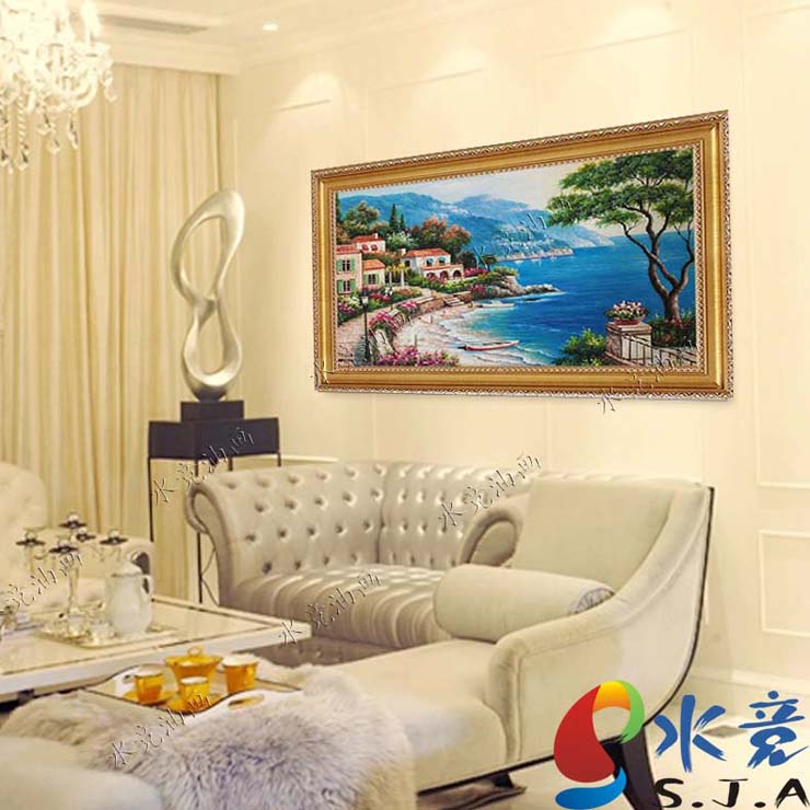 水竞地中海油画手绘欧式客厅风景山水画壁画沙发背景墙挂画 仿古金实木画框 75*150