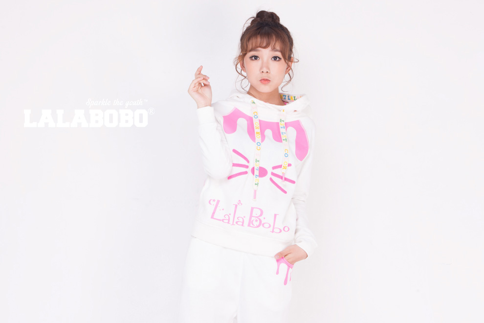 潮 LALABOBO  秋冬女装加绒连帽卫衣 可爱小猫滴油套装-上衣 白色 S