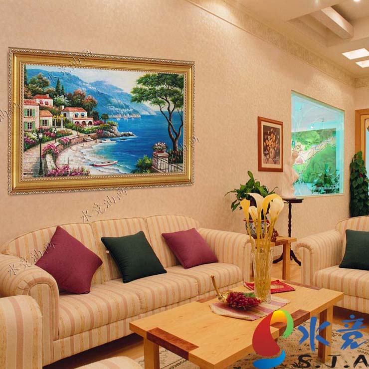 水竞地中海油画手绘欧式客厅风景山水画壁画沙发背景墙挂画 仿古金实木画框 75*150