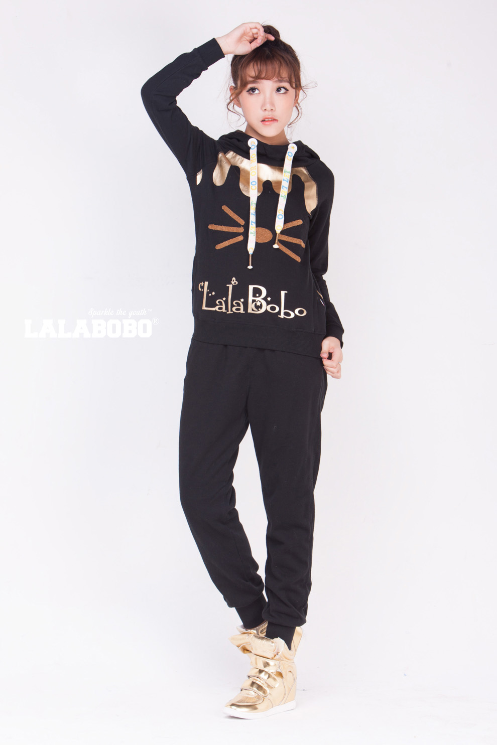 潮 LALABOBO  秋冬女装加绒连帽卫衣 可爱小猫滴油套装-上衣 白色 S