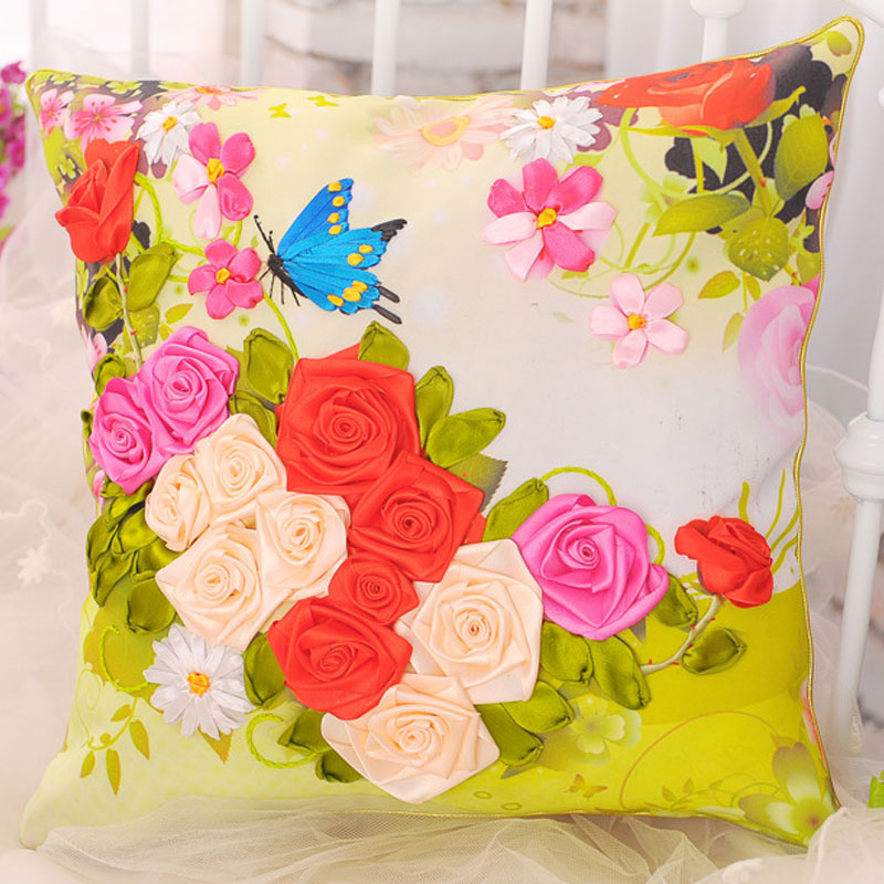 
                                        悠趣 手工绣丝带绣套件3D彩印 45x45CM 花卉方形抱枕花卉 C-142玫瑰蝴蝶梦                