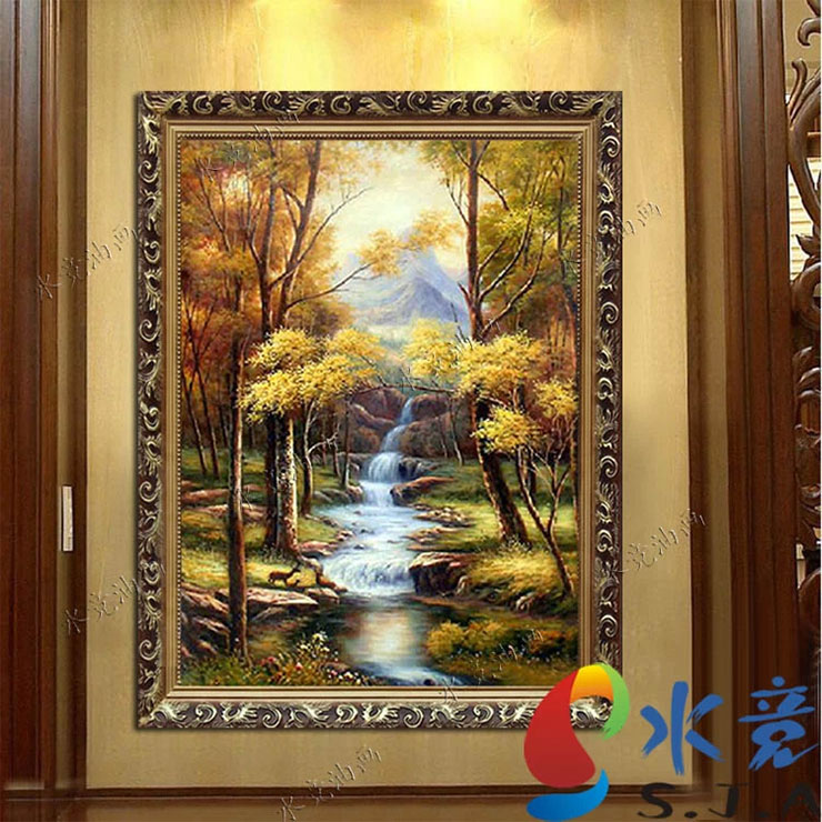 
                                        水竞玄关油画走廊装饰画书房壁画竖版欧式古典山水风景画三只小鹿 W10B雅韵金实木框 60*80                