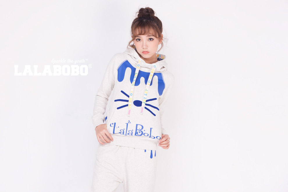 潮 LALABOBO  秋冬女装加绒连帽卫衣 可爱小猫滴油套装-上衣 白色 S