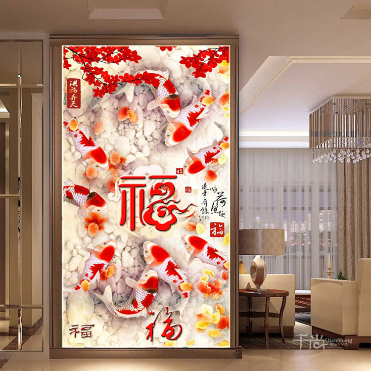 
                                        千尚十字绣新款客厅五福临门洪福齐天九鱼聚财福钻石绣满钻钻石画2米玄关竖版 方钻满钻82*152CM                