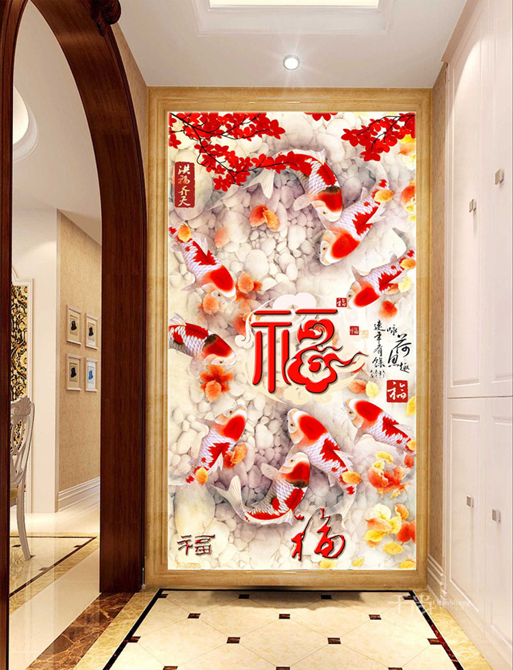 
                                        千尚十字绣新款客厅五福临门洪福齐天九鱼聚财福钻石绣满钻钻石画2米玄关竖版 方钻满钻82*152CM                