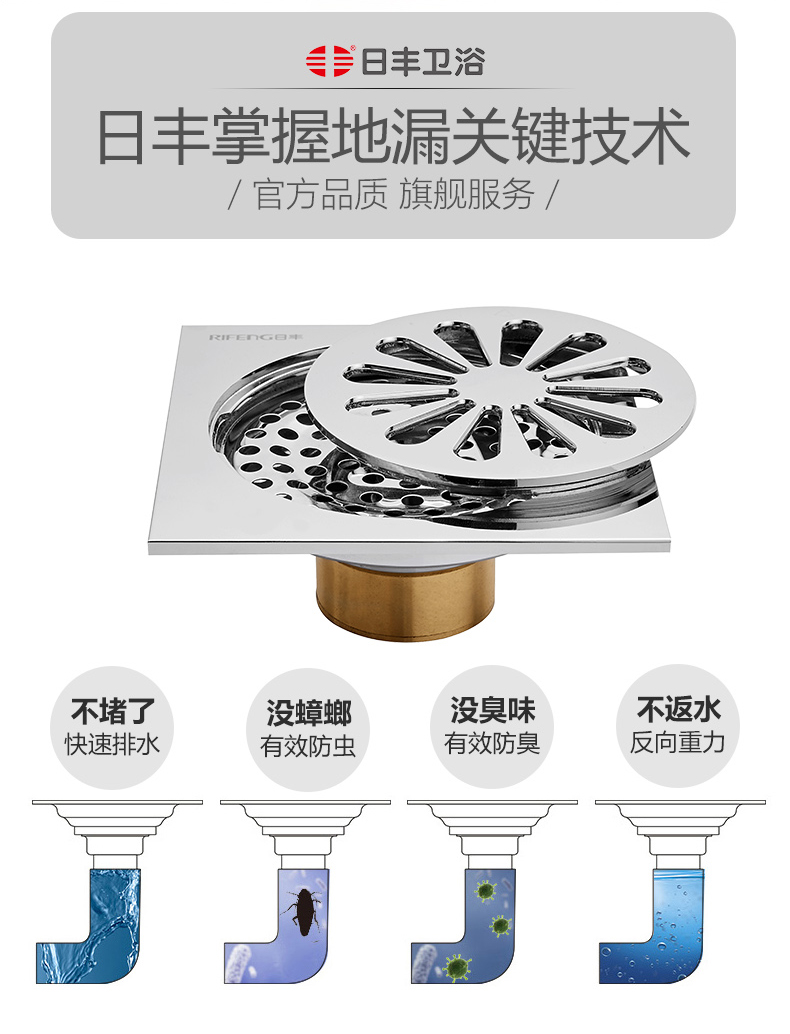 日丰(riifo)卫浴 全铜防臭地漏卫生间淋浴房方形大排量洗衣机防返水