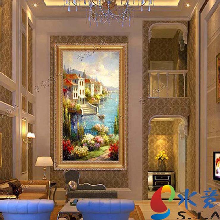 
                                        水竞欧式油画手绘风景地中海装饰画客厅有框画挂画壁画 三联一套 60*80                