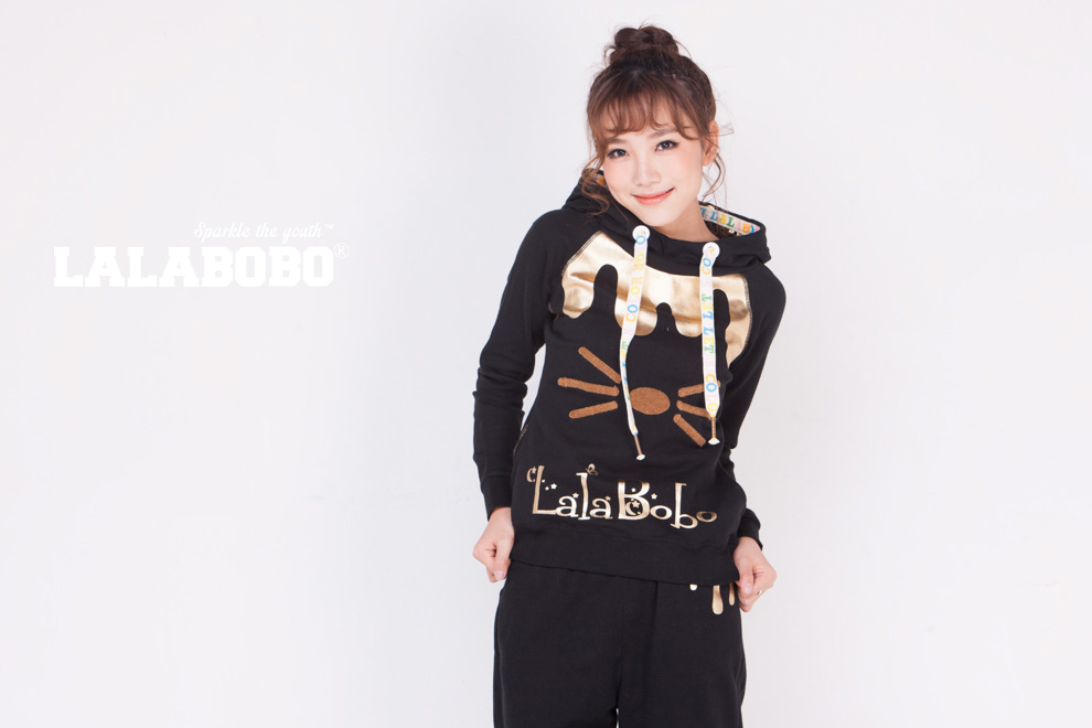 潮 LALABOBO  秋冬女装加绒连帽卫衣 可爱小猫滴油套装-上衣 白色 S