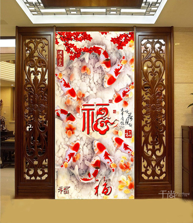 
                                        千尚十字绣新款客厅五福临门洪福齐天九鱼聚财福钻石绣满钻钻石画2米玄关竖版 方钻满钻82*152CM                