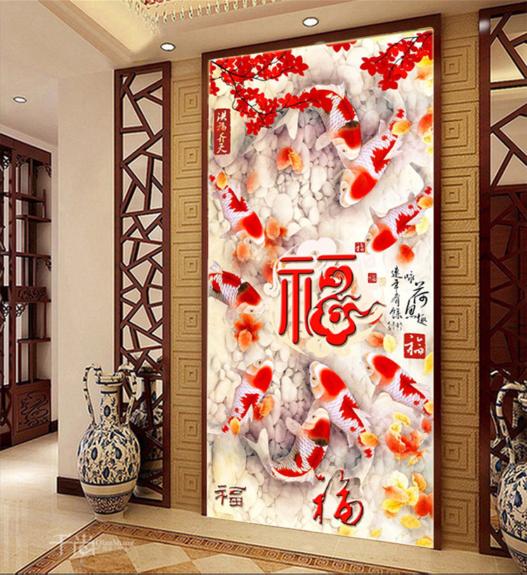 
                                        千尚十字绣新款客厅五福临门洪福齐天九鱼聚财福钻石绣满钻钻石画2米玄关竖版 方钻满钻82*152CM                