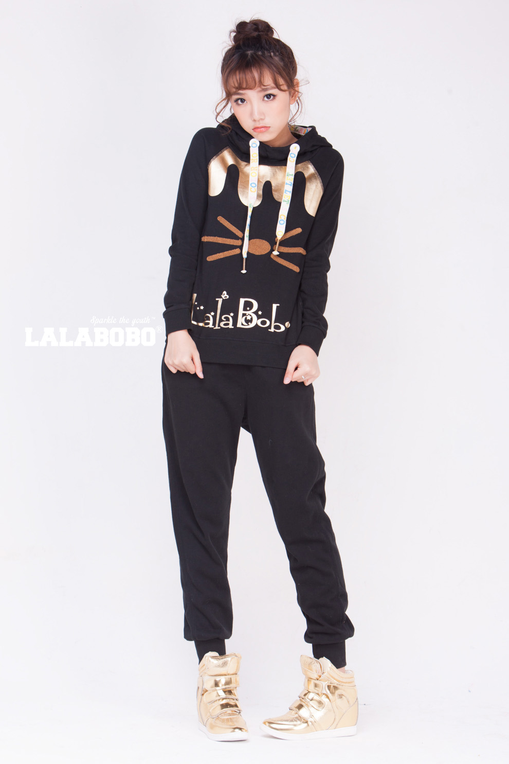 潮 LALABOBO  秋冬女装加绒连帽卫衣 可爱小猫滴油套装-上衣 白色 S