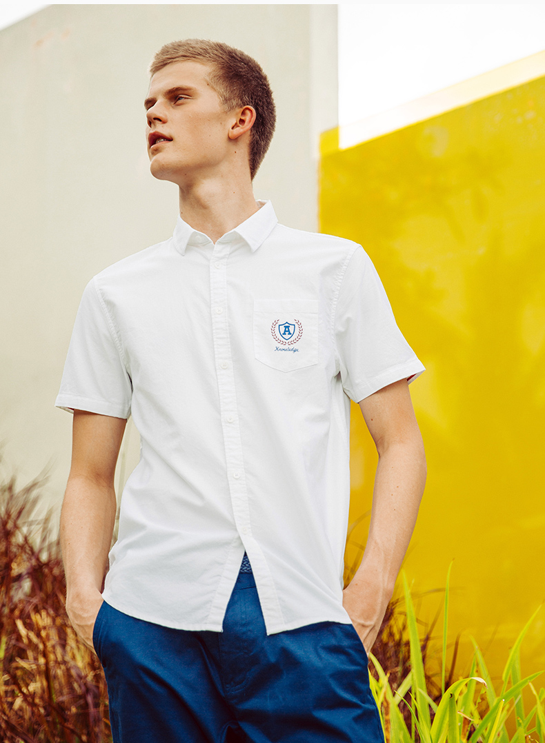 以纯线上品牌a21 2018夏装新款牛津纺短袖衬衫男青春学院风男装口袋