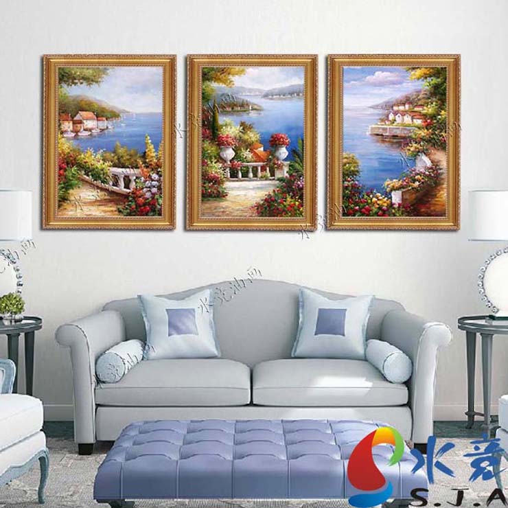 
                                        水竞地中海油画手绘欧式壁画客厅风景装饰画现代三联画有框 三联一套 60*80                