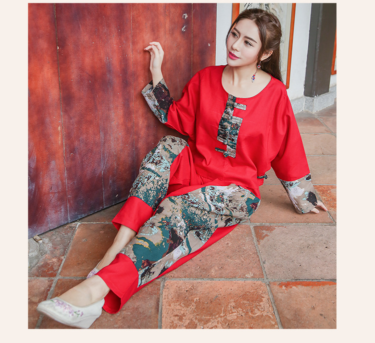 湮雨霓裳 休闲裤套装女2017新款民族风棉麻两
